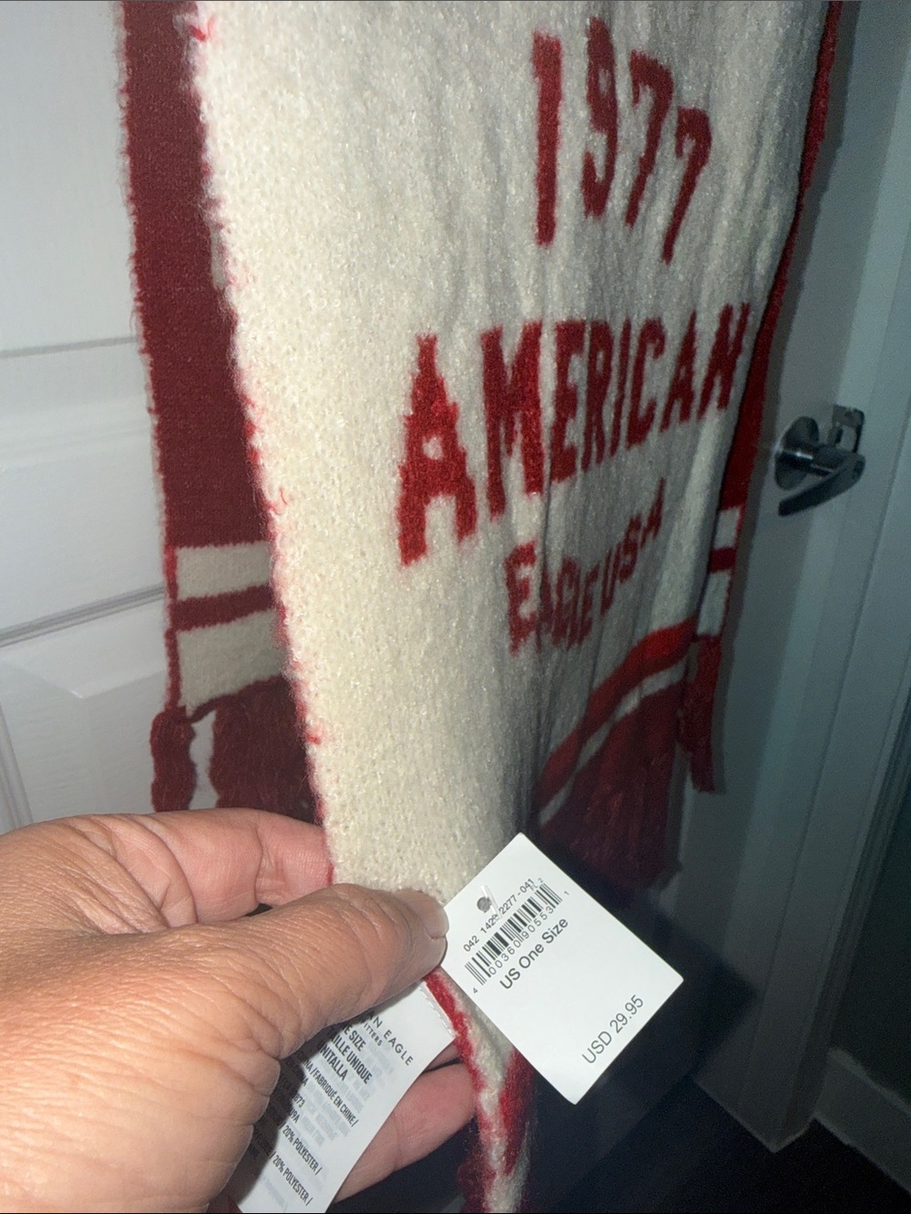 American Eagle Outfitters Cream and Red Logo Knit Scarf - Picture 2 of 3